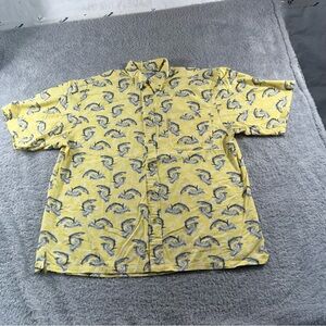 Columbia Fish Print Short Sleeve Button Down Shirt Yellow and Blue Mens Large.